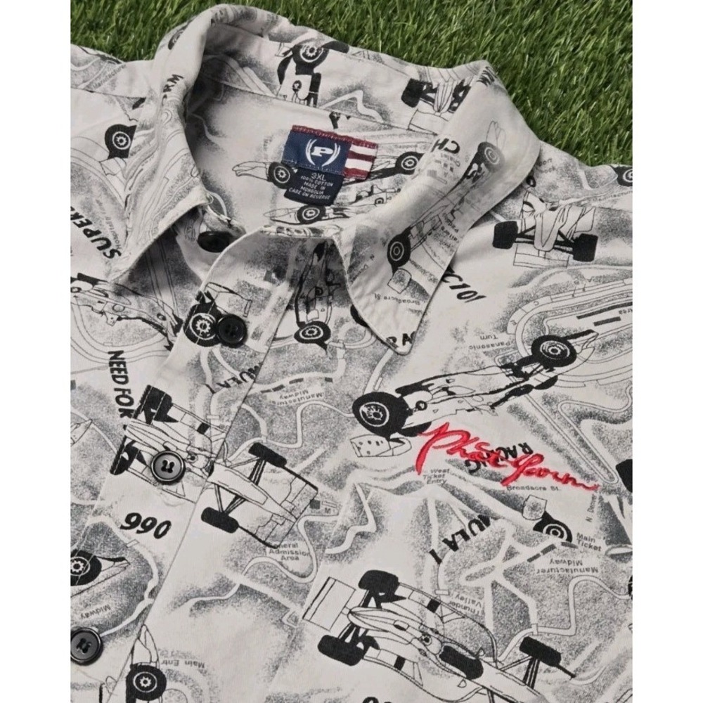 Phat Farm Y2K Platform Shirt Mens 3XL AOP Formula 1 Racing Track Map Button Down